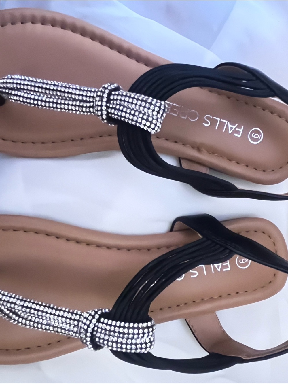 Falls Creek Black Rhinestone T-Strap Slingback Sandals